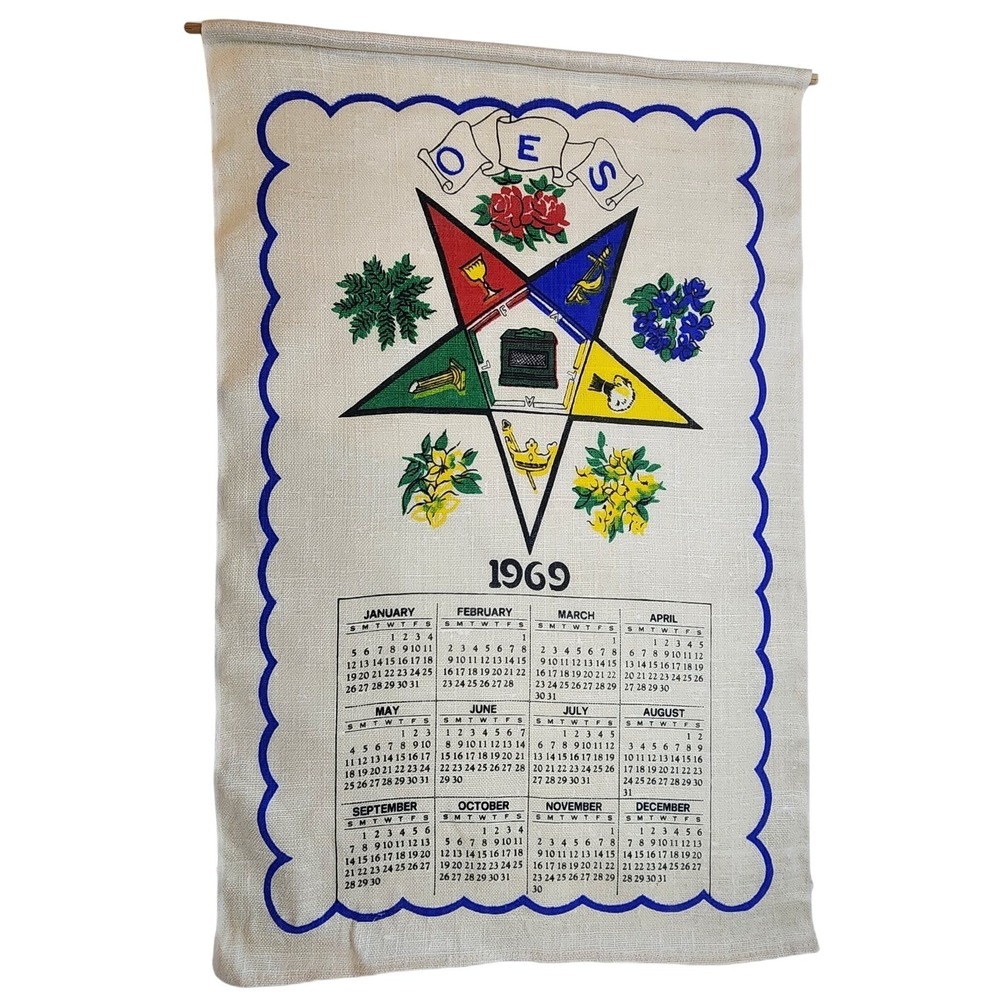 Vtg 1969 Order of the Eastern Star OES Year Calendar Linen Tea Towel Art